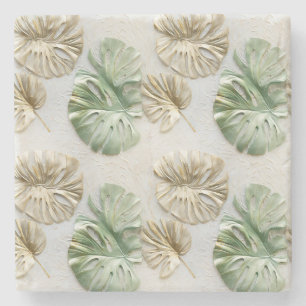 Dessous-de-verre En Pierre Gold Green White Feuilles tropicaux