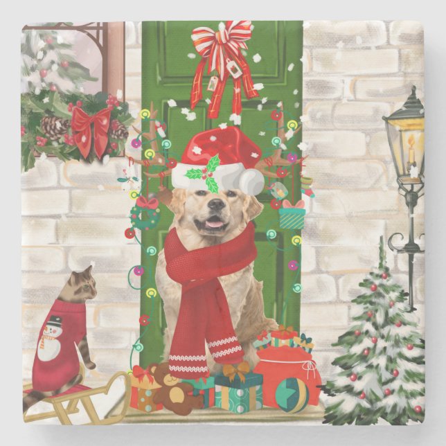 Dessous-de-verre En Pierre Golden Retriever Chien Noël (Devant)