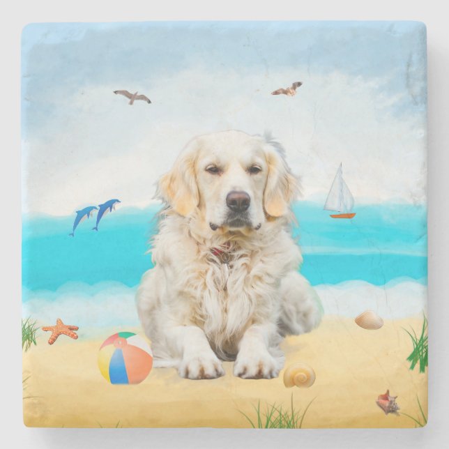 Dessous-de-verre En Pierre Golden Retriever Dog sur la plage (Devant)
