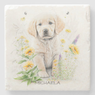 Dessous-de-verre En Pierre Golden Retriever Puppy et Floral Nom du monogramme