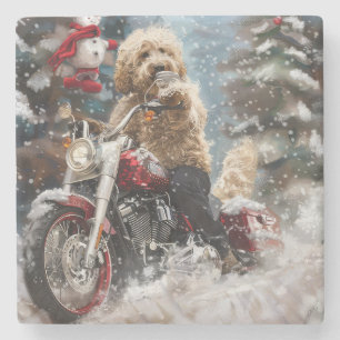 Dessous-de-verre En Pierre Goldendoodle Chien équitation Moto Noël