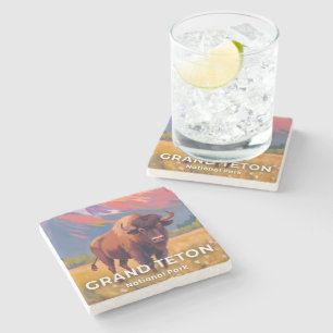 Dessous-de-verre En Pierre Grand Teton National Park   Bison Travel Art