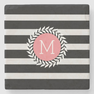 Dessous-de-verre En Pierre Grandes bandes noires et blanches monogrammes et c