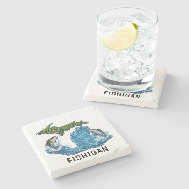 Dessous-de-verre En Pierre Graphisme de l'État du Michigan avec Poisson (Côté)