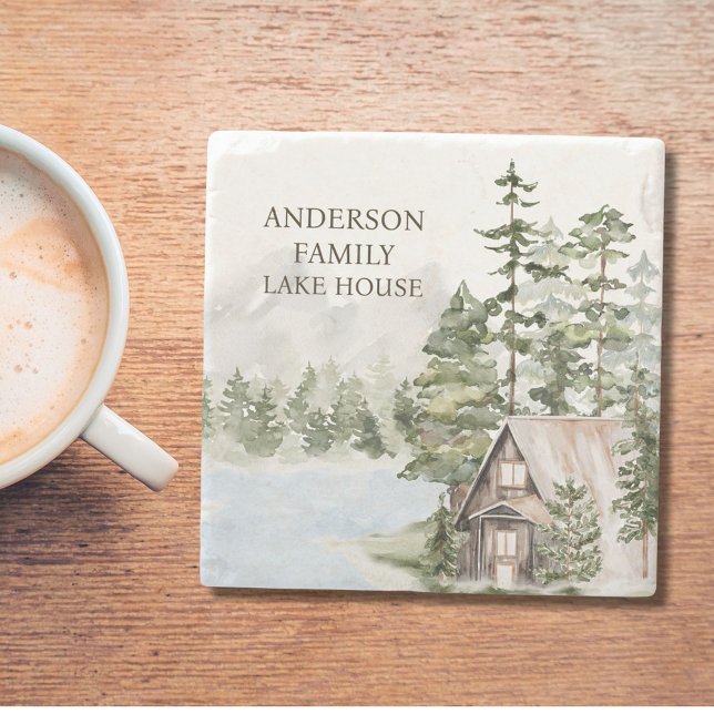 Dessous-de-verre En Pierre Green Pine Forest Family Lake House Cabine (In situ)