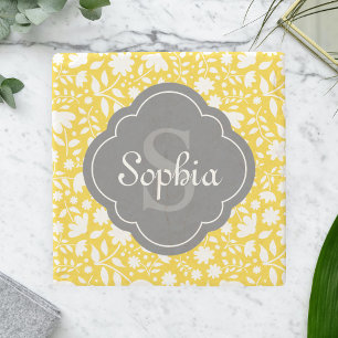 Dessous-de-verre En Pierre Grey Monogram Quatrefoil Yellow Floral Pattern