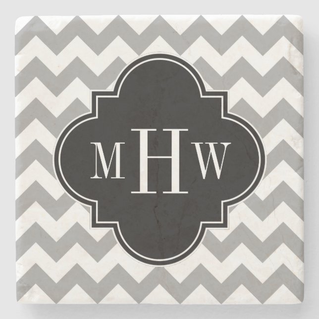 Dessous-de-verre En Pierre Grey What Chevron Black Quatrefoil 3 Monogramme (Devant)