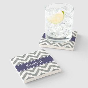 Dessous-de-verre En Pierre Gris Charbon Lg Chevron Bleu Marine Monogramme Nom