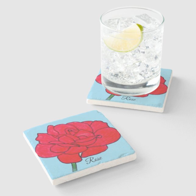 Dessous-de-verre En Pierre Grosse Rose Rouge  (Côté)