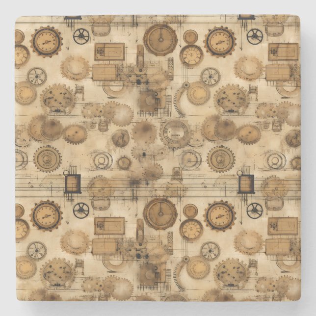 Dessous-de-verre En Pierre Grunge Rustic Steampunk Horloge (4) (Devant)