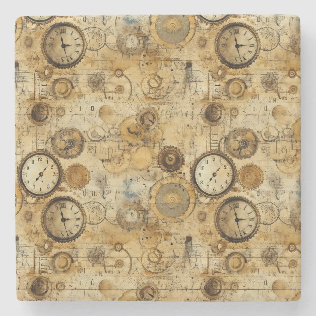 Dessous-de-verre En Pierre Grunge Rustic Steampunk Horloge (5) (Devant)