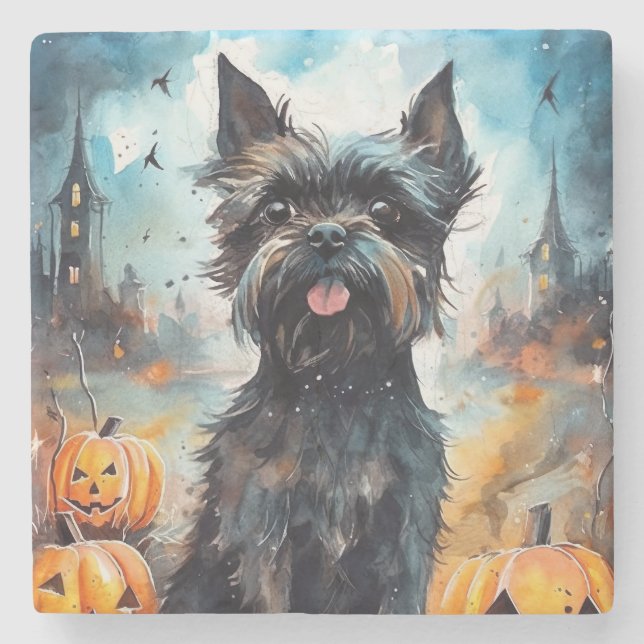 Dessous-de-verre En Pierre Halloween Affenpinscher avec la peur Citrouille (Devant)