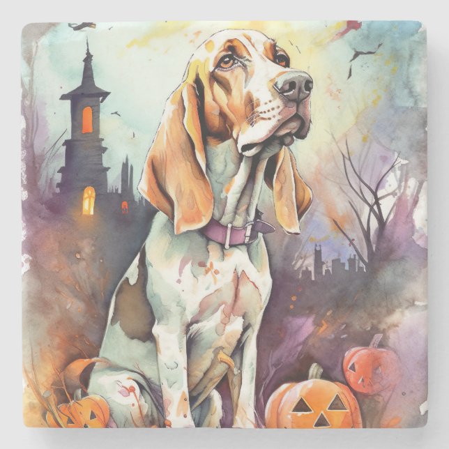Dessous-de-verre En Pierre Halloween Basset Hound Avec Crainte Citrouille (Devant)