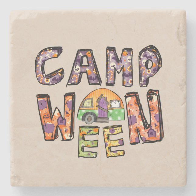 Dessous-de-verre En Pierre Halloween Camping | Jeu de mots (Devant)