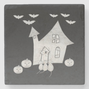 Dessous-de-verre En Pierre Halloween la nuit avec Haunted House, chauves-sour