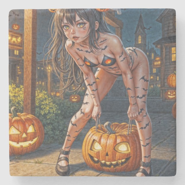 Dessous-de-verre En Pierre Halloween Monster Jack-o-Lantern & Bat Vixen Girl (Devant)