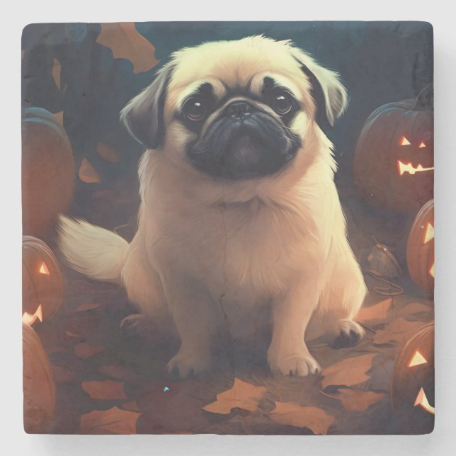 Dessous-de-verre En Pierre Halloween Pekingese Avec Peur Citrouille (Devant)