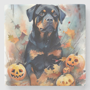 Dessous-de-verre En Pierre Halloween Rottweiler avec la peur Citrouille