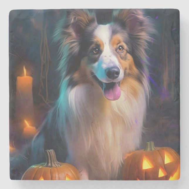 Dessous-de-verre En Pierre Halloween Shetland Sheepdog Avec la peur Citrouill (Devant)