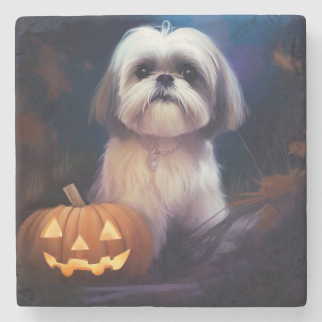 Dessous-de-verre En Pierre Halloween Shih Tzu Avec La Peur Citrouille (Devant)