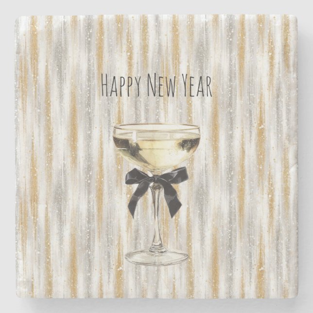 Dessous-de-verre En Pierre Happy New Year Black Bow Gold Silver Champagne (Devant)