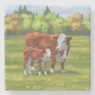 Dessous-de-verre En Pierre Hereford Cow & Cute Calf dans les pâturages d'été