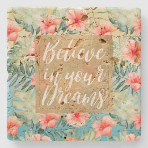 Dessous-de-verre En Pierre Hibiscus rose Peach Jaune Aqua Hibiscus Floral Gol