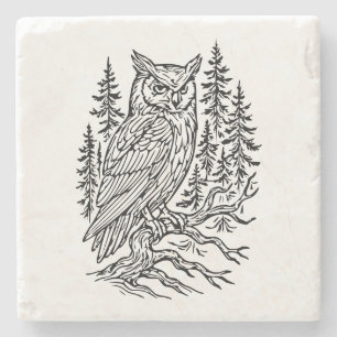 Dessous-de-verre En Pierre Hibou à cornes détaillé dans une gravure linéaire