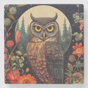 Dessous-de-verre En Pierre Hibou la nuit avec une pleine lune