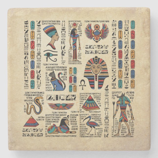 Dessous-de-verre En Pierre Hiéroglyphes et divinités égyptiens sur papyrus (Devant)
