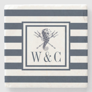Dessous-de-verre En Pierre Hippocampe Monogramme Marin Rayure Bleu Marine