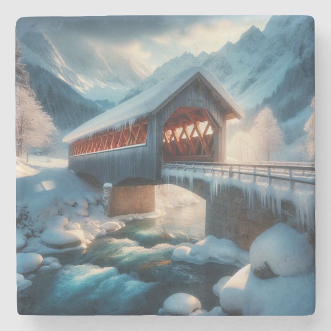 Dessous-de-verre En Pierre Hiver, pont enneigé et rivière (Devant)
