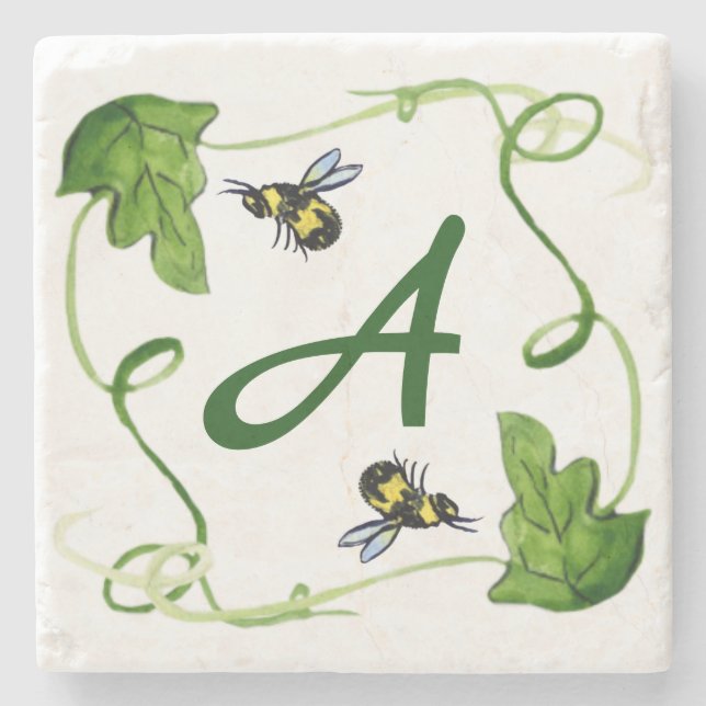 Dessous-de-verre En Pierre Honey Bees Green Leaf Monogramme personnalisé (Devant)
