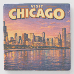 Dessous-de-verre En Pierre horizon de Chicago et lac Michigan au crépuscule