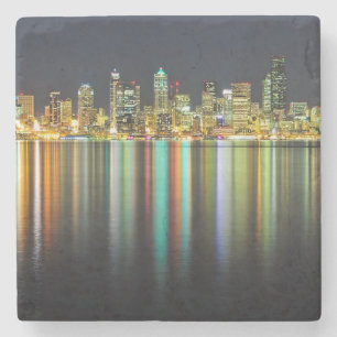 Dessous-de-verre En Pierre Horizon de Seattle la nuit avec la réflexion