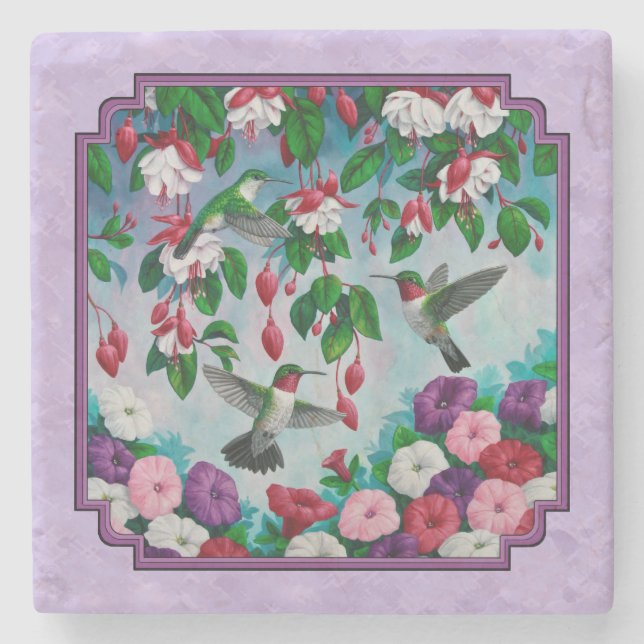 Dessous-de-verre En Pierre Hummingbirds Rose Fuchsia Flowers Lavender (Devant)