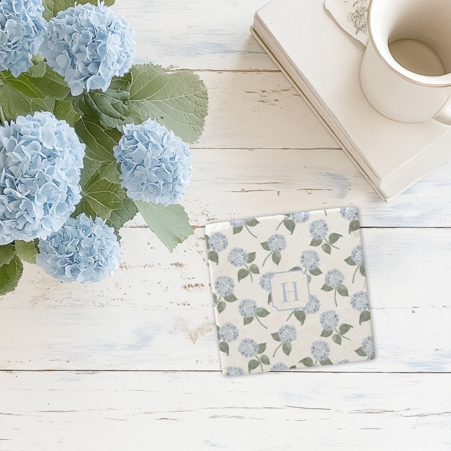 Dessous-de-verre En Pierre Hydrangea Hamptons Fleurs Monogramme (blue hydrangea monogram stone drinks coaster)
