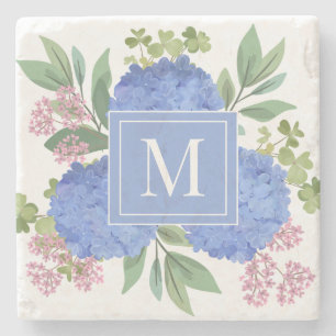 Dessous-de-verre En Pierre Hydrangée bleue Bouquet moderne Monogramme personn