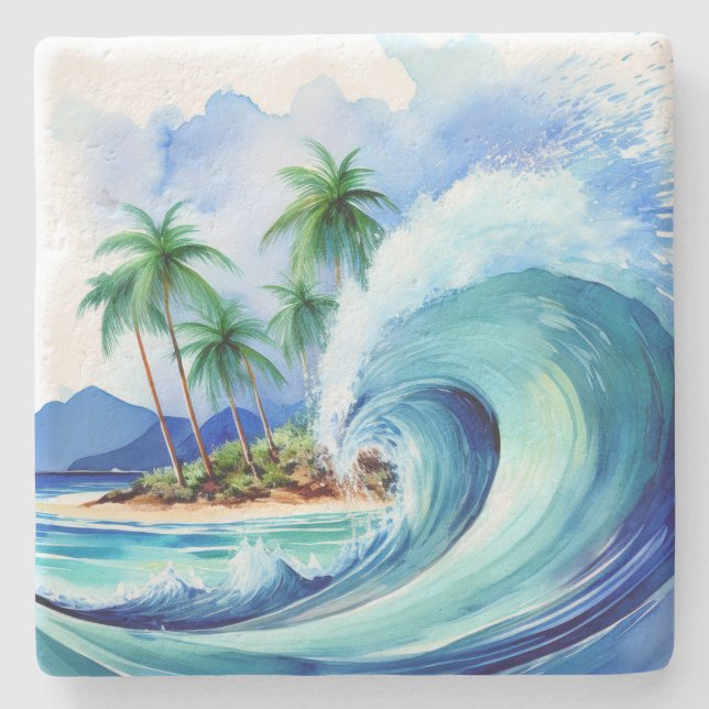 Dessous-de-verre En Pierre Île Kai Aloha Vague d'aquarelle (Devant)