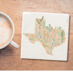 Dessous-de-verre En Pierre Illustration de carte du Texas à l'aquarelle Cactu