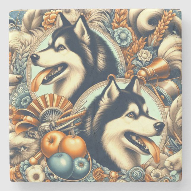 Dessous-de-verre En Pierre Illustration Retro Siberian Husky (Devant)