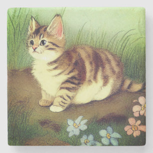 Dessous-de-verre En Pierre Illustration vintage Kitten avec fleurs