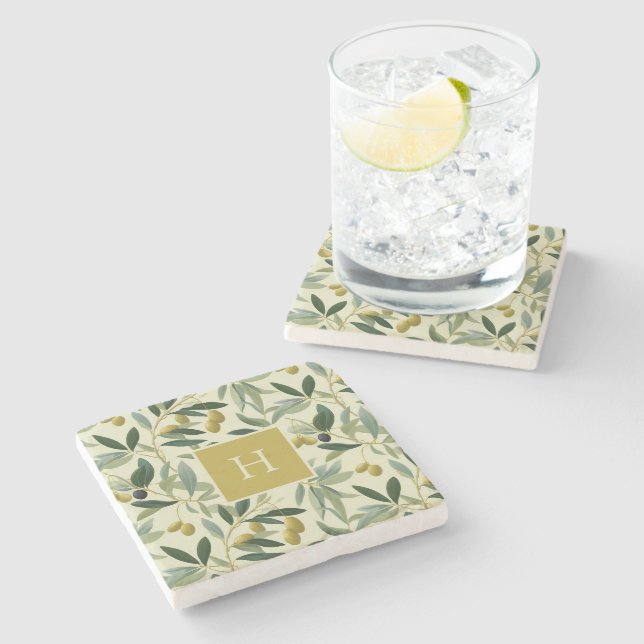 Dessous-de-verre En Pierre Initiale de monogramme de branche d'olive botaniqu (Côté)
