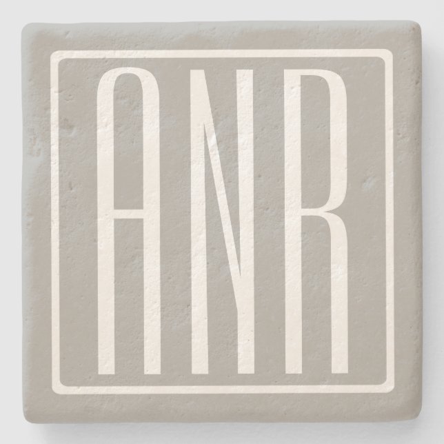 Dessous-de-verre En Pierre Initiales Monogramme | Blanc Sur Gris Clair (Devant)