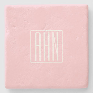 Dessous-de-verre En Pierre Initiales Monogramme Blanc Sur Rose Clair