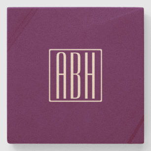 Dessous-de-verre En Pierre Initiales Monogramme   Blanc Sur Violet Foncé