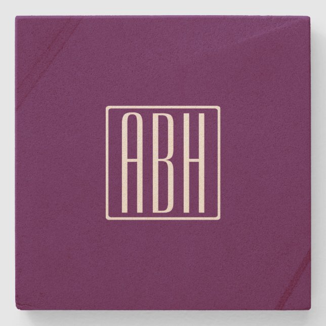 Dessous-de-verre En Pierre Initiales Monogramme | Blanc Sur Violet Foncé (Devant)