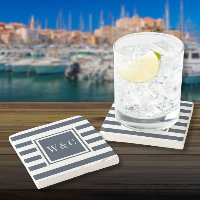 Dessous-de-verre En Pierre Initiales Monogramme Élégant Bleu Nuit Rayure Blan (Stylish Monogram Initials Navy Blue White Stripe Stone Coaster)