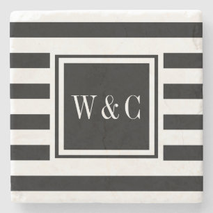 Dessous-de-verre En Pierre Initiales Monogramme Élégant Rayure Noir Blanc