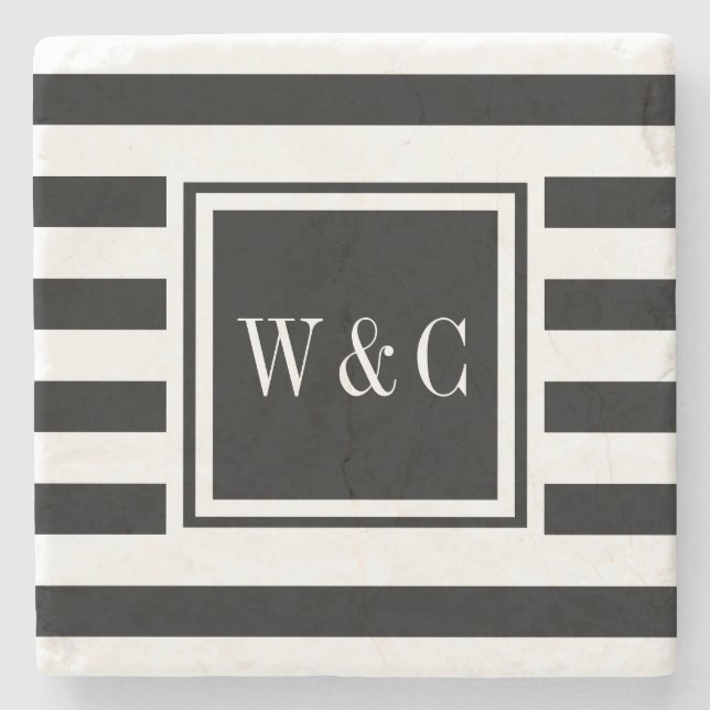 Dessous-de-verre En Pierre Initiales Monogramme Élégant Rayure Noir Blanc (Devant)